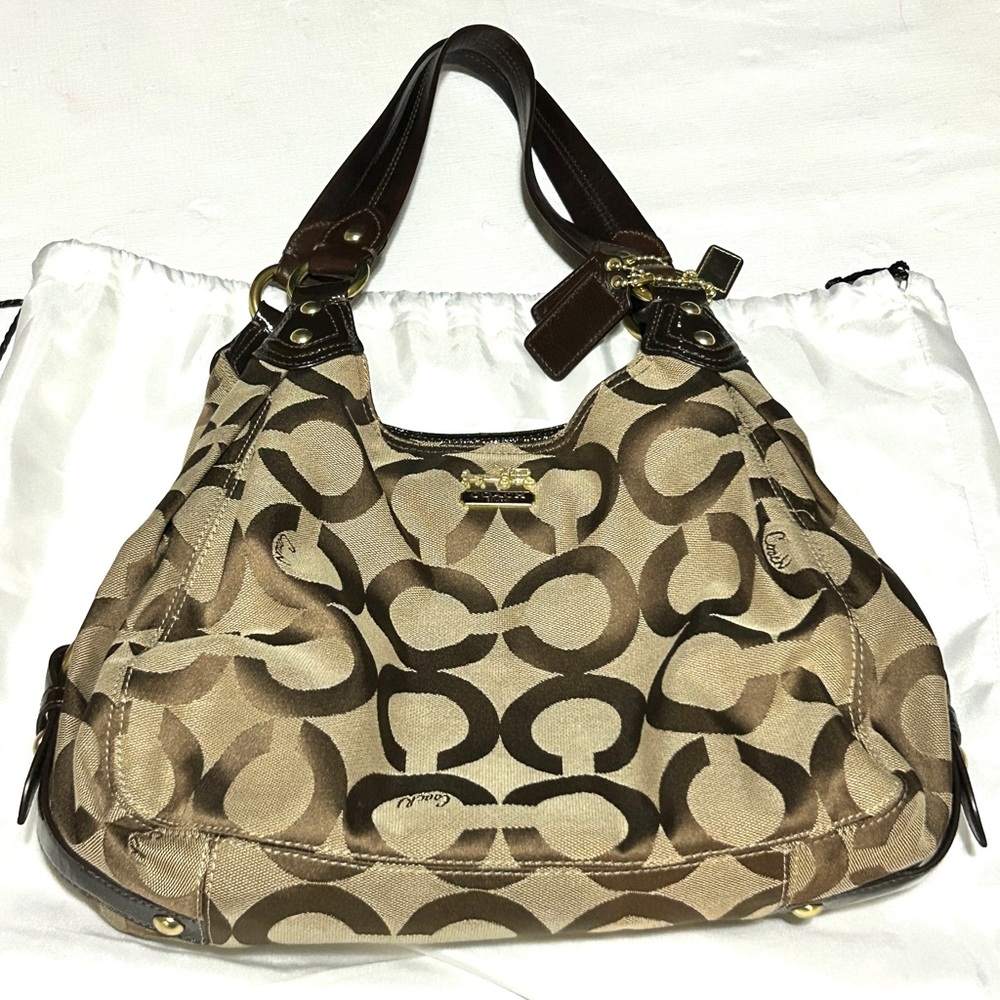 COACH OP ART Brown Hobo Shoulder Bag Purse Dbl Handle Vintage W/Dust Cover